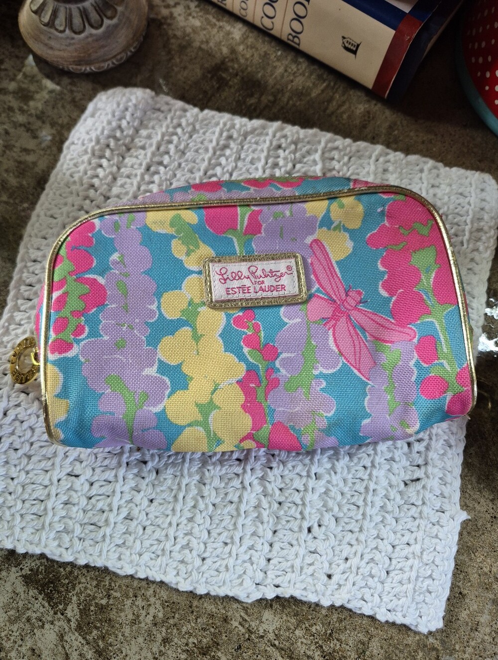 🌿5/$25 Lilly Pulitzer Estee Lauder Floral Dragonfly Makeup Bag Teal Pink